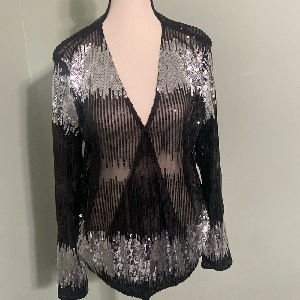 INC ladies sheer fake wrap long sleeve be sequin too